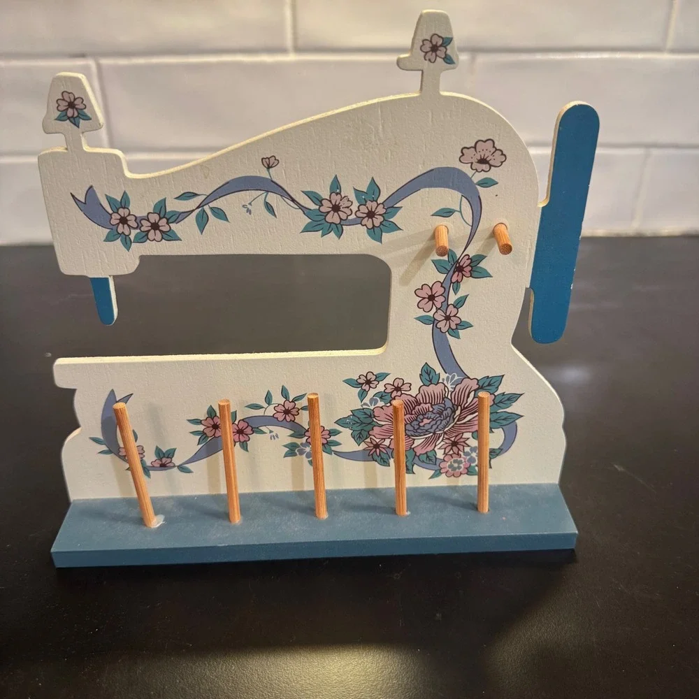 Sewing Machine Thread Rack White Blue Floral Wood Spool Holder countrycore